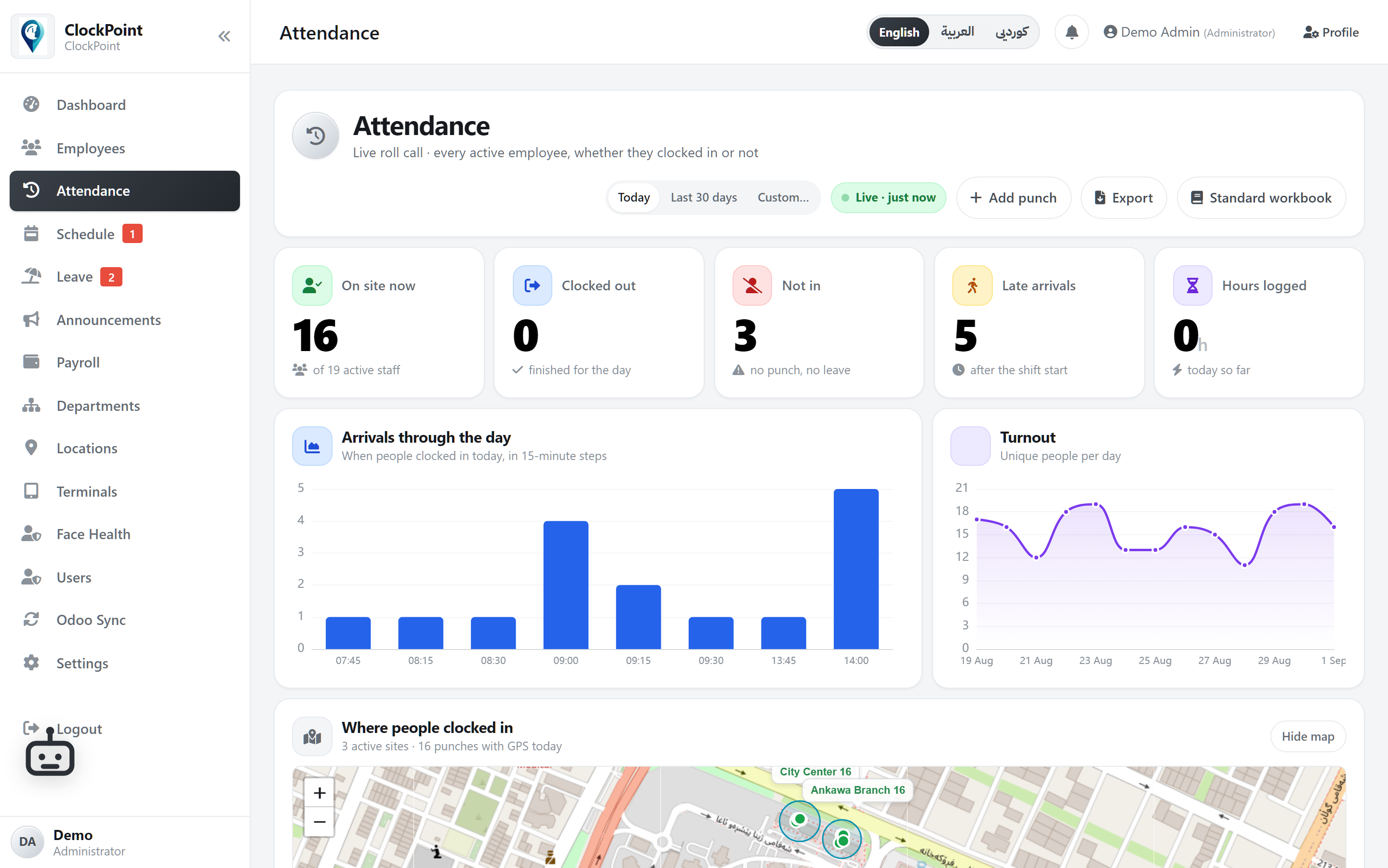 Live attendance map on the admin screen