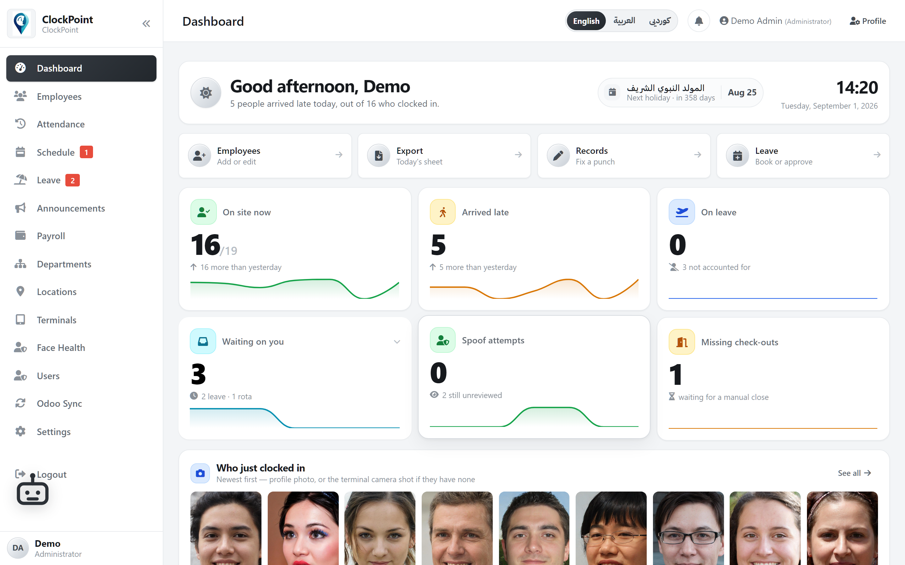ClockPoint admin dashboard — live company overview