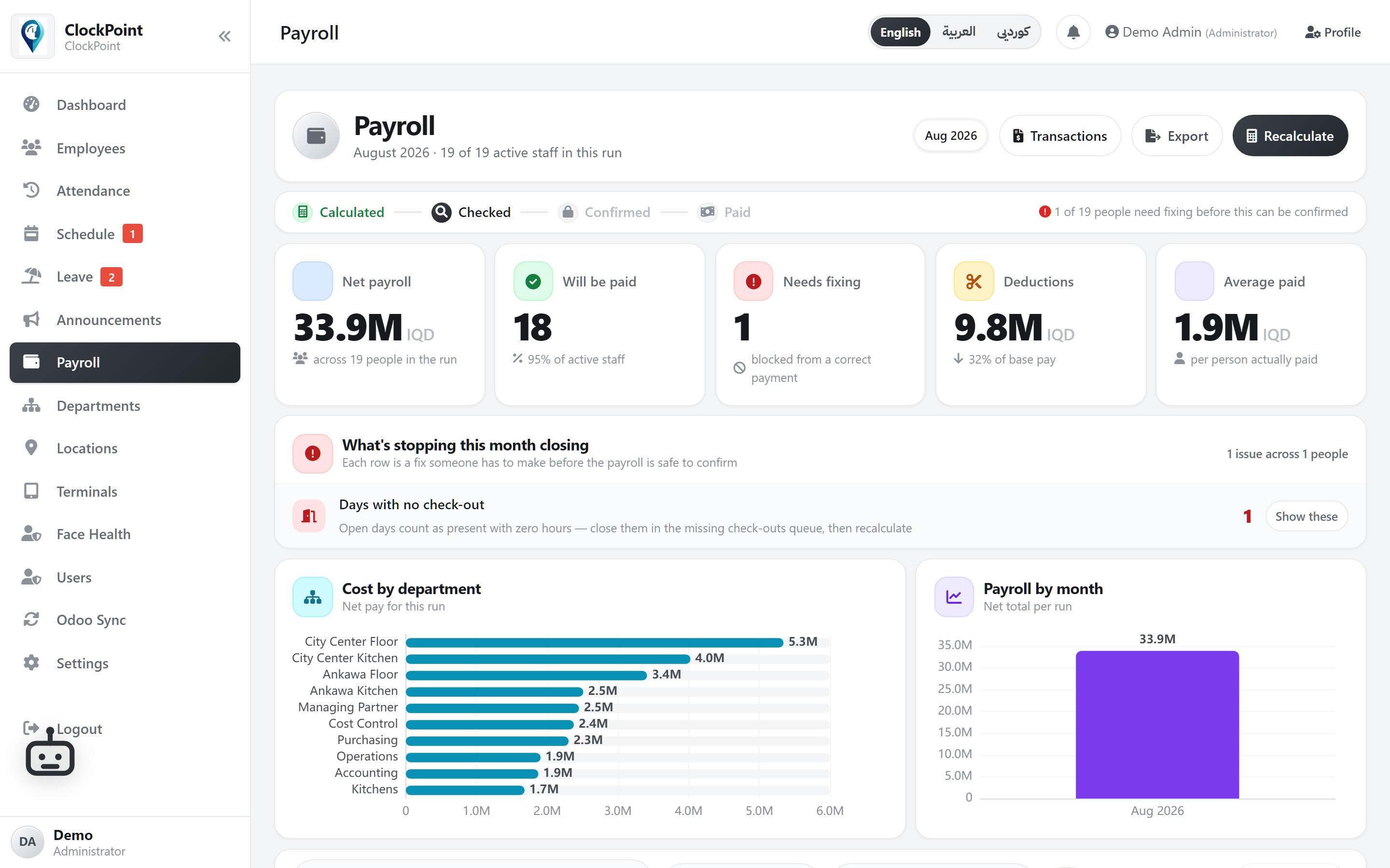 ClockPoint payroll run — blocked by a missing check-out