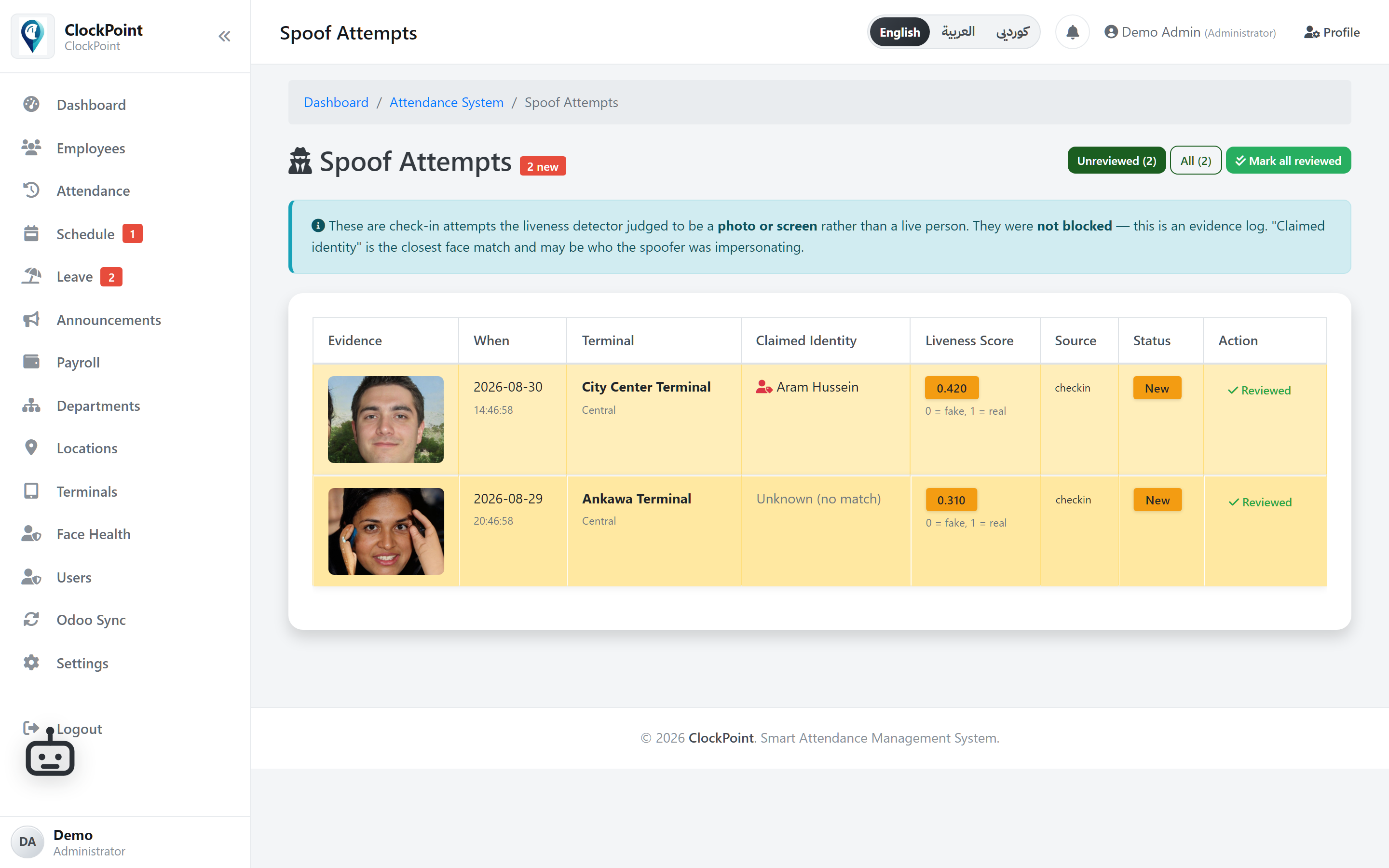 ClockPoint spoof attempts review — photo evidence