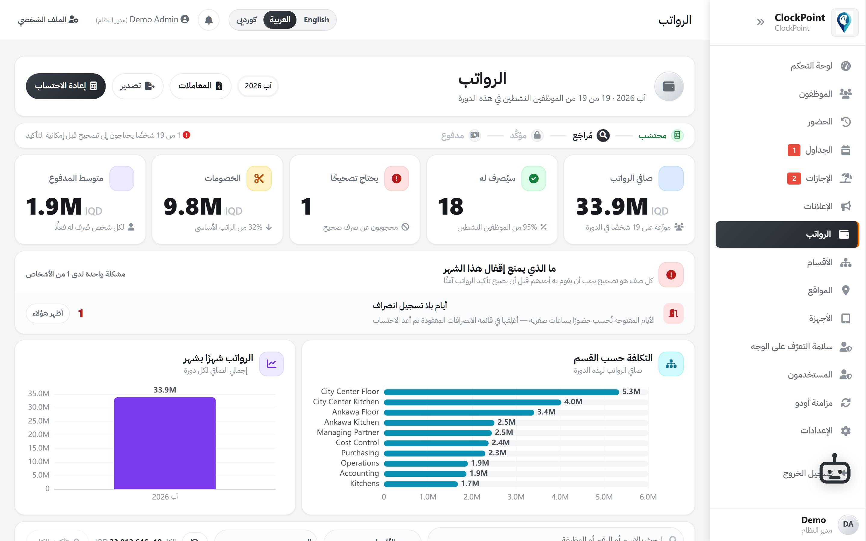 دورة رواتب ClockPoint — مقفلة بسبب نسيان خروج