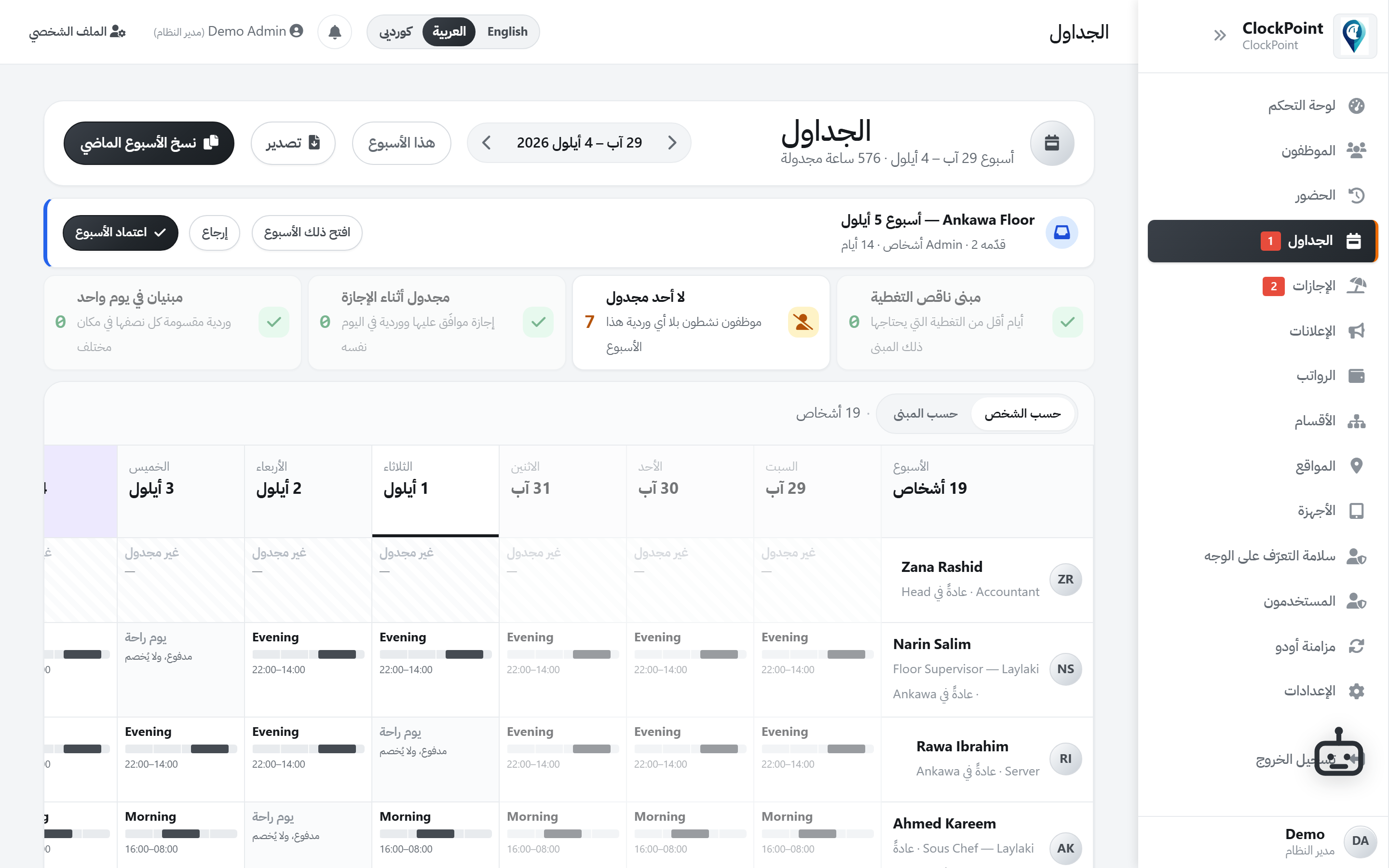 اعتماد الجدول على شاشة الإدارة