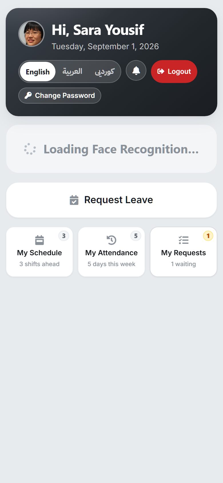ClockPoint employee terminal — Sara's dashboard