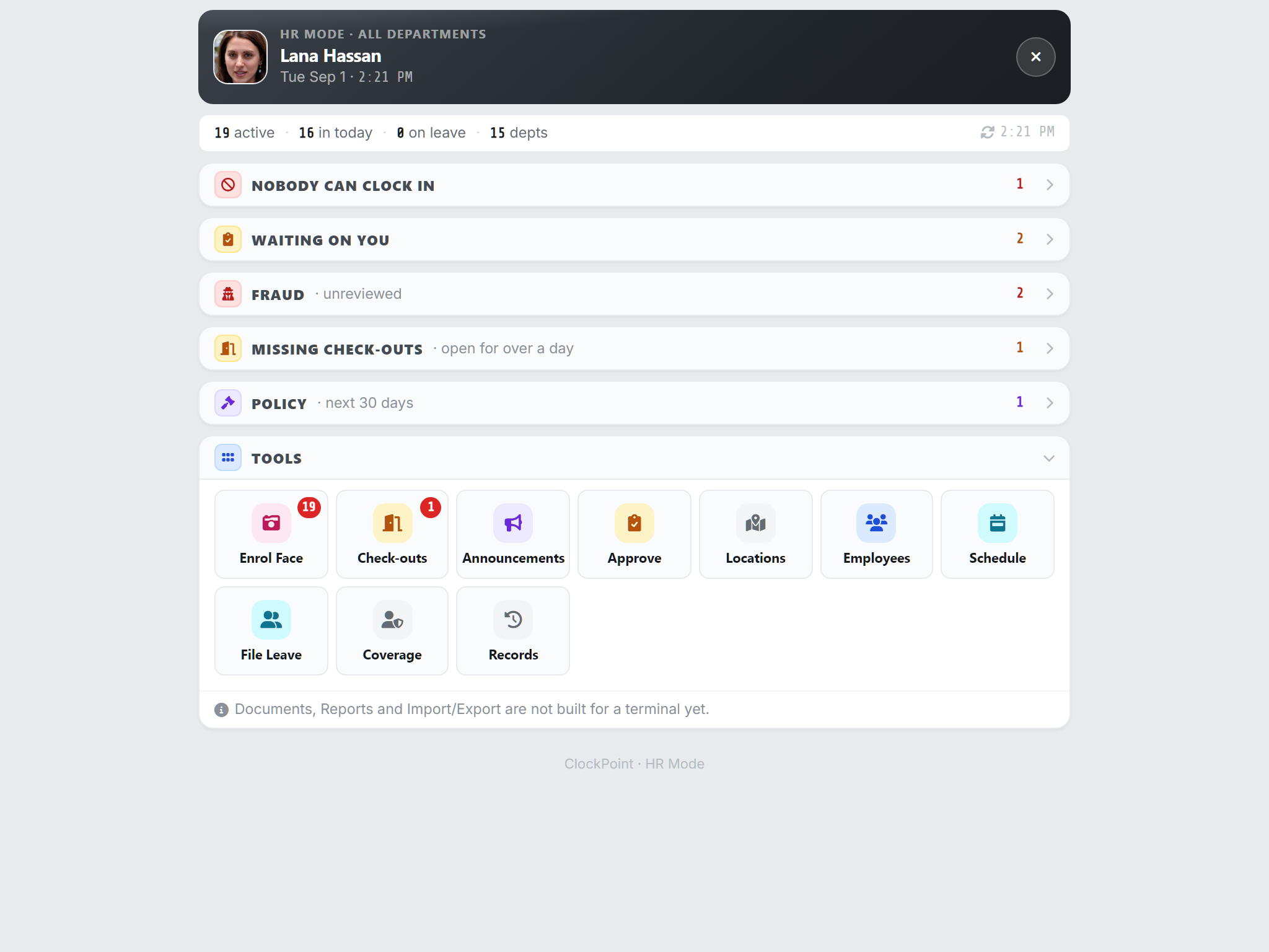 ClockPoint HR Mode on a wall tablet